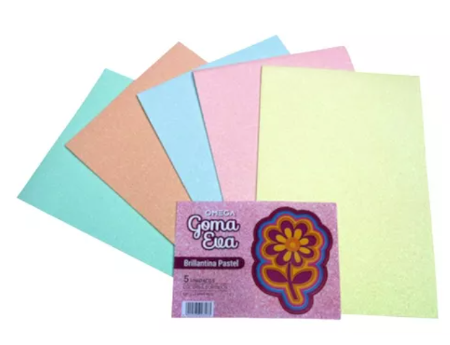 Pack X5 Goma Eva A4 Con Brillantina Color Pastel