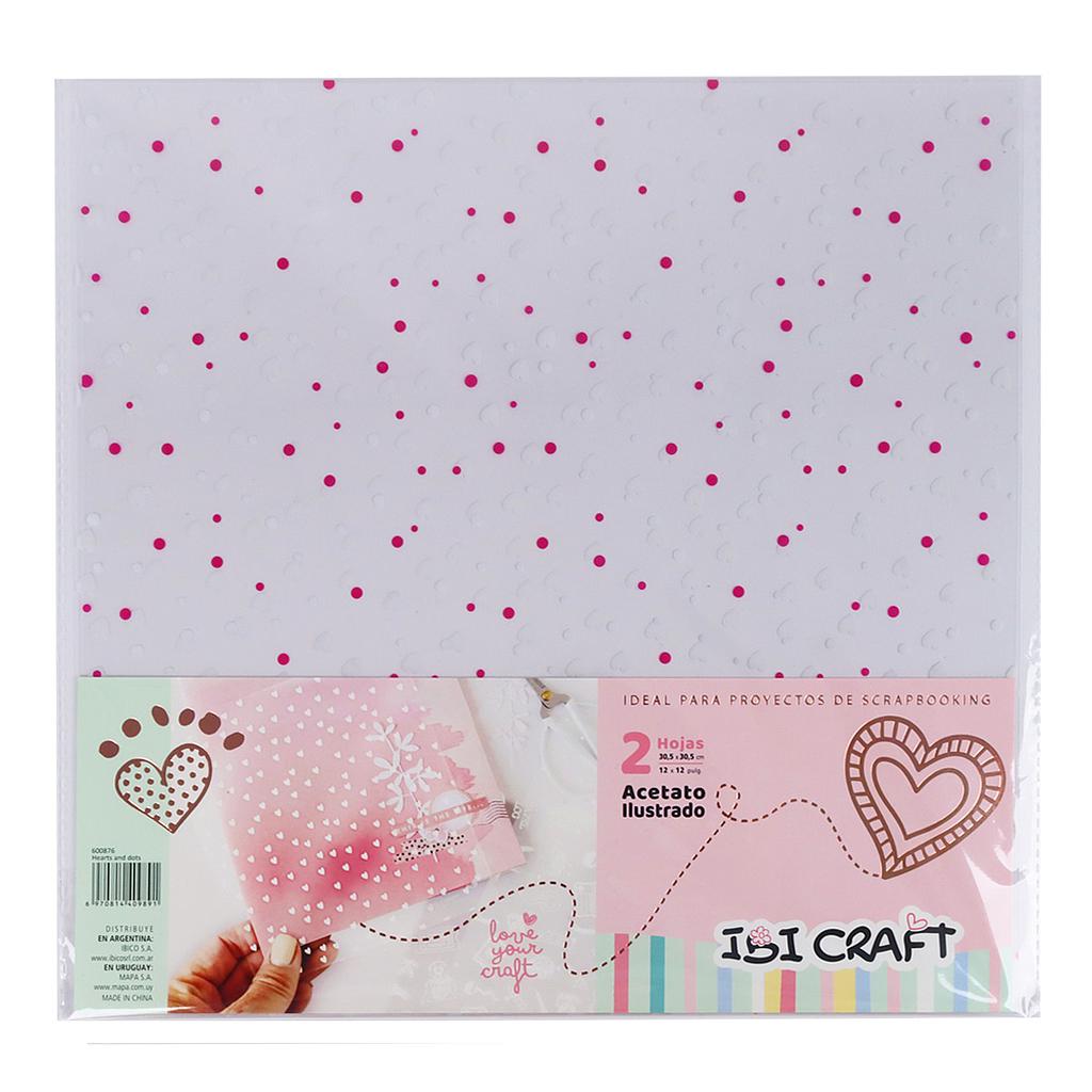 SOBRE C/2 HOJAS DE ACETATO ILUSTRADO IBI CRAFT, 30x30CMS, 0,30MM, DISEÑO "CORAZONES&amp;PUNTOS"