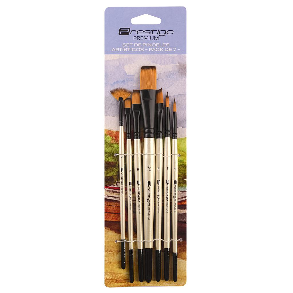 SET DE 7 PINCELES ARTÍSTICOS PRESTIGE "PREMIUM", SINTÉTICOS, CABO CORTO