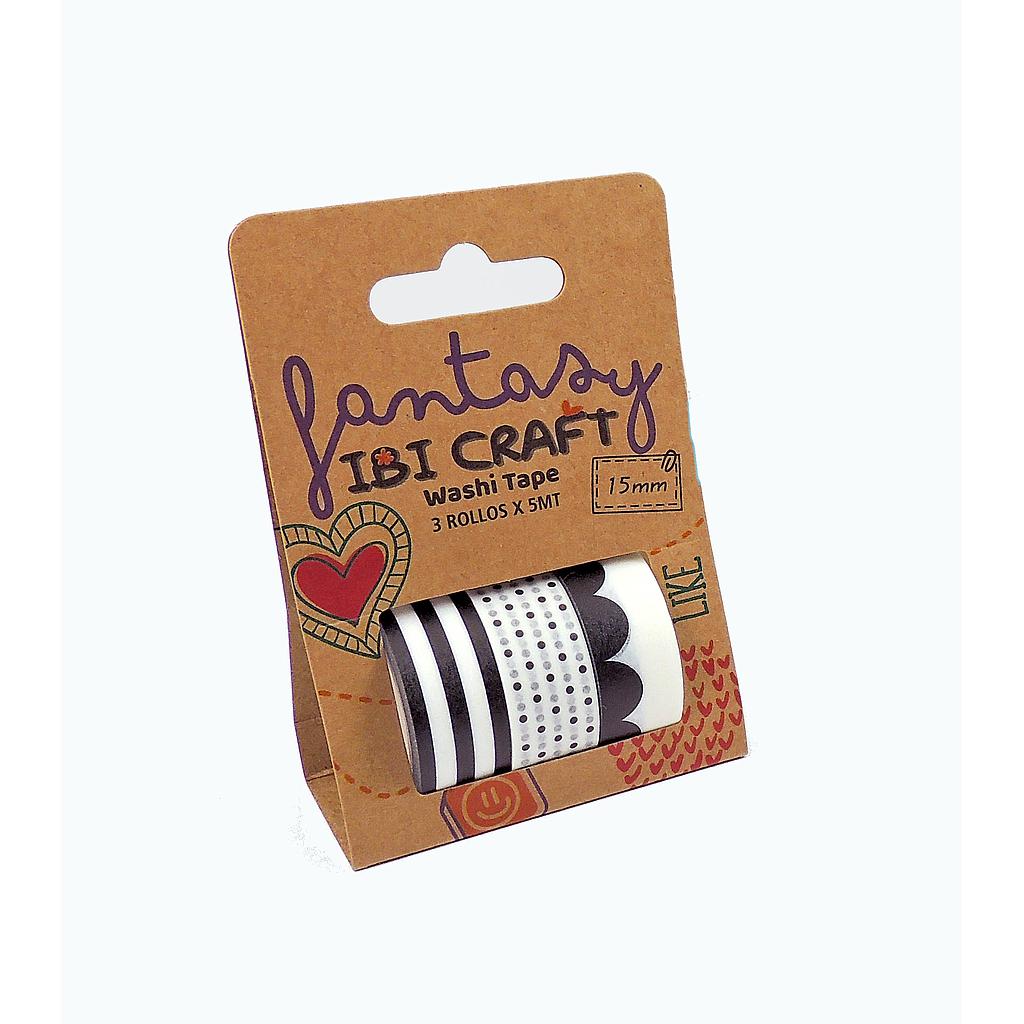 WASHI TAPE IBI CRAFT, 15MMx5MTS., PACK x 3 UNIDADES, TONOS B&amp;N
