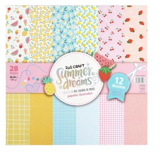BLOC CON 28 HOJAS DE PAPELES ILUSTRADOS IBI CRAFT, 30x30CMS,180GRS,12 DISEÑOS, SERIE "SUMMER DREAMS"