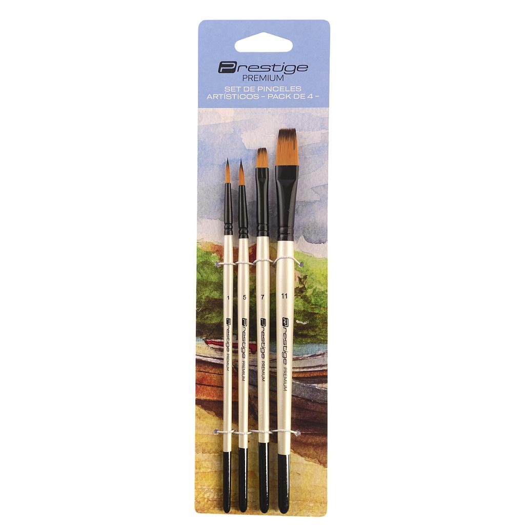 SET DE 4 PINCELES ARTÍSCOS PRESTIGE "PREMIUM", SINTÉTICOS, CABO CORTO