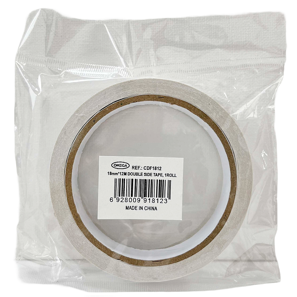 CINTA ADHESIVA DOBLE FAZ OMEGA, ROLLO DE 18mm x 12m