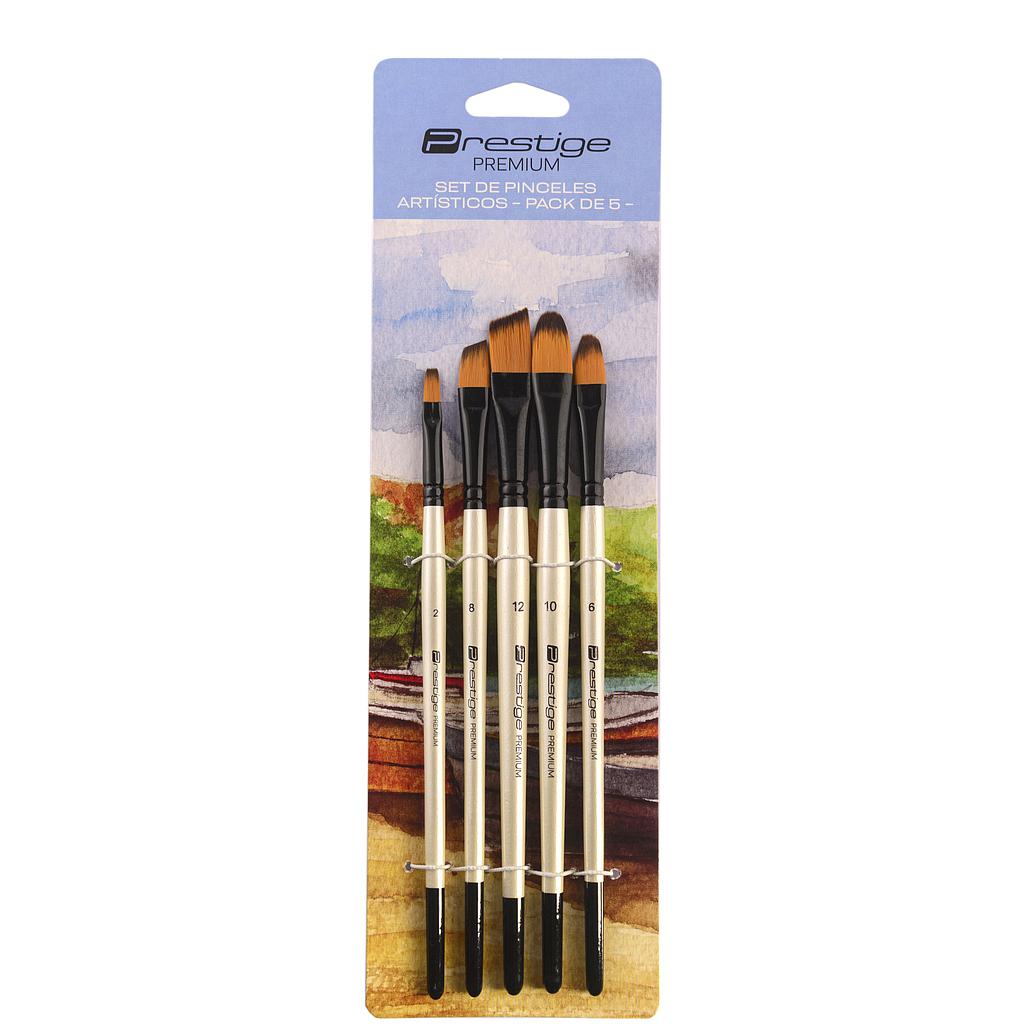 SET DE 5 PINCELES ARTÍSTICOS PRESTIGE "PREMIUM", SINTÉTICOS, CABO CORTO, MULTITÉCNICA
