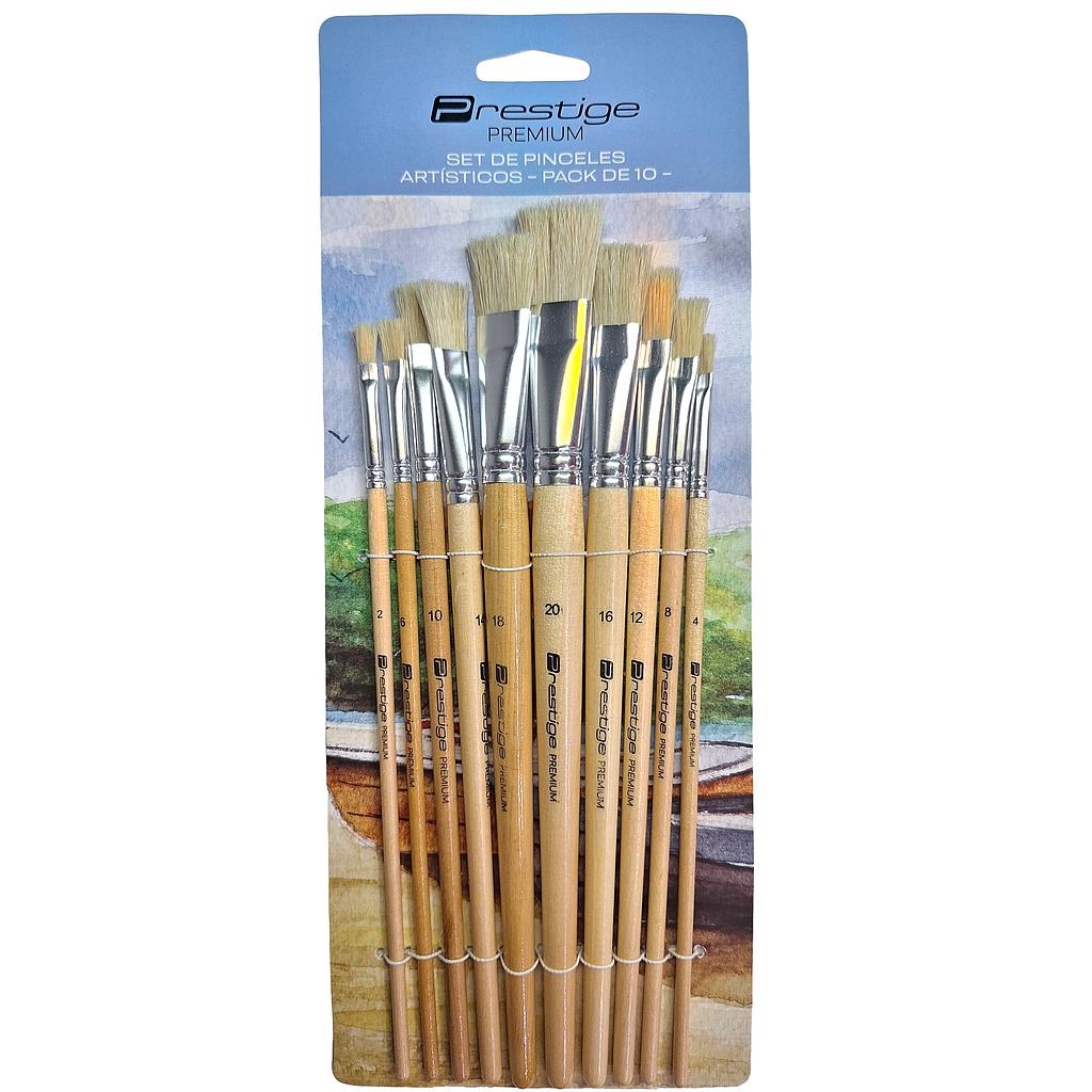 SET DE 10 PINCELES ARTÍSTICOS PRESTIGE "PREMIUM", SINTÉTICOS, CABO CORTO, MULTITÉCNICA, PLANOS