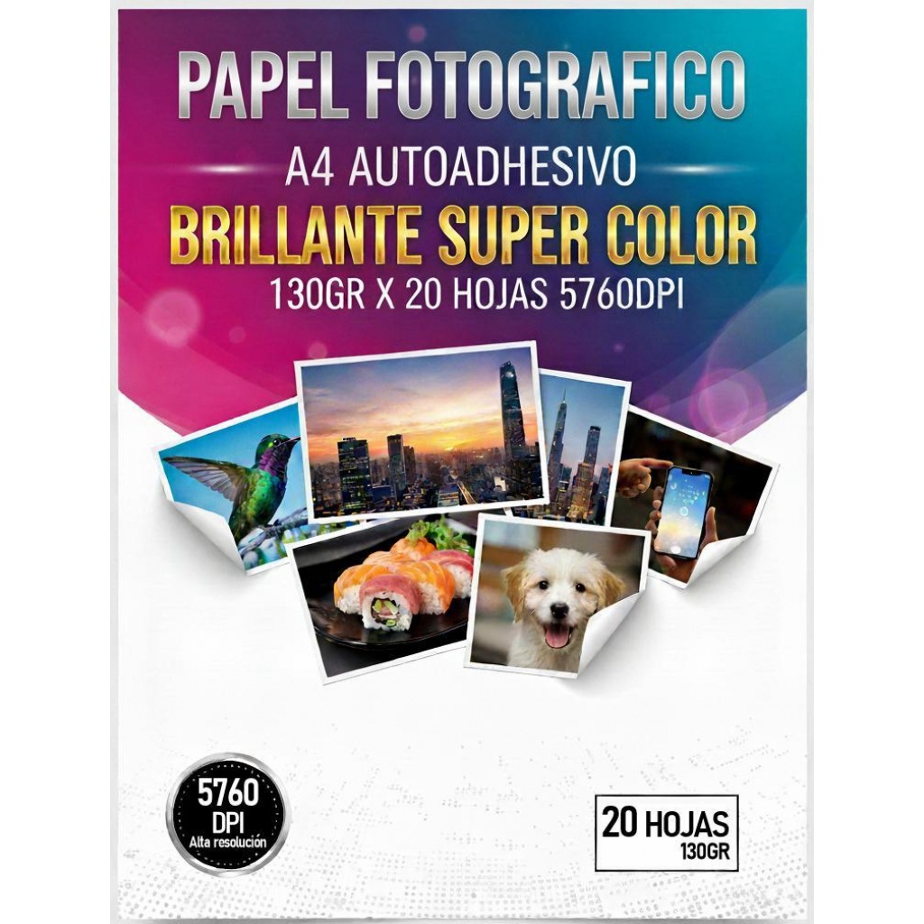 PAPEL FOTOGRAFICO A4 AUTOADHESIVO BRILLANTE 130GR X 20 HOJAS 5760DPI