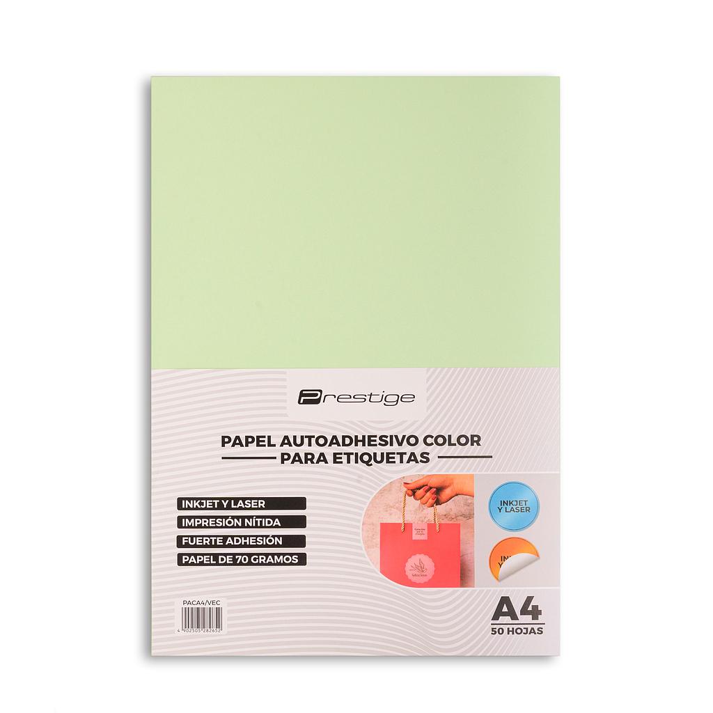 PAQUETE CON 50 HOJAS DE PAPEL AUTOADHESIVO COLOR PRESTIGE, A4, 70g, VERDE CLARO