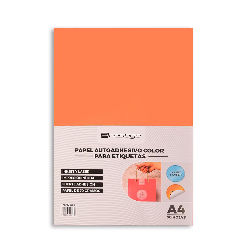 PAQUETE CON 50 HOJAS DE PAPEL AUTOADHESIVO COLOR PRESTIGE, A4, 70g, NARANJA