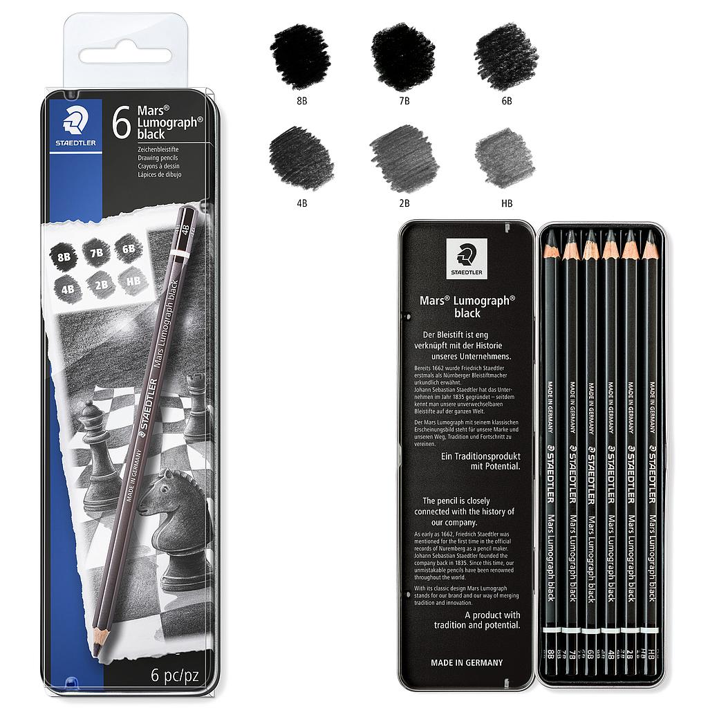 ESTUCHE DE METAL C/6 LÁPICES DE GRADO STAEDTLER LUMOGRAPH BLACK