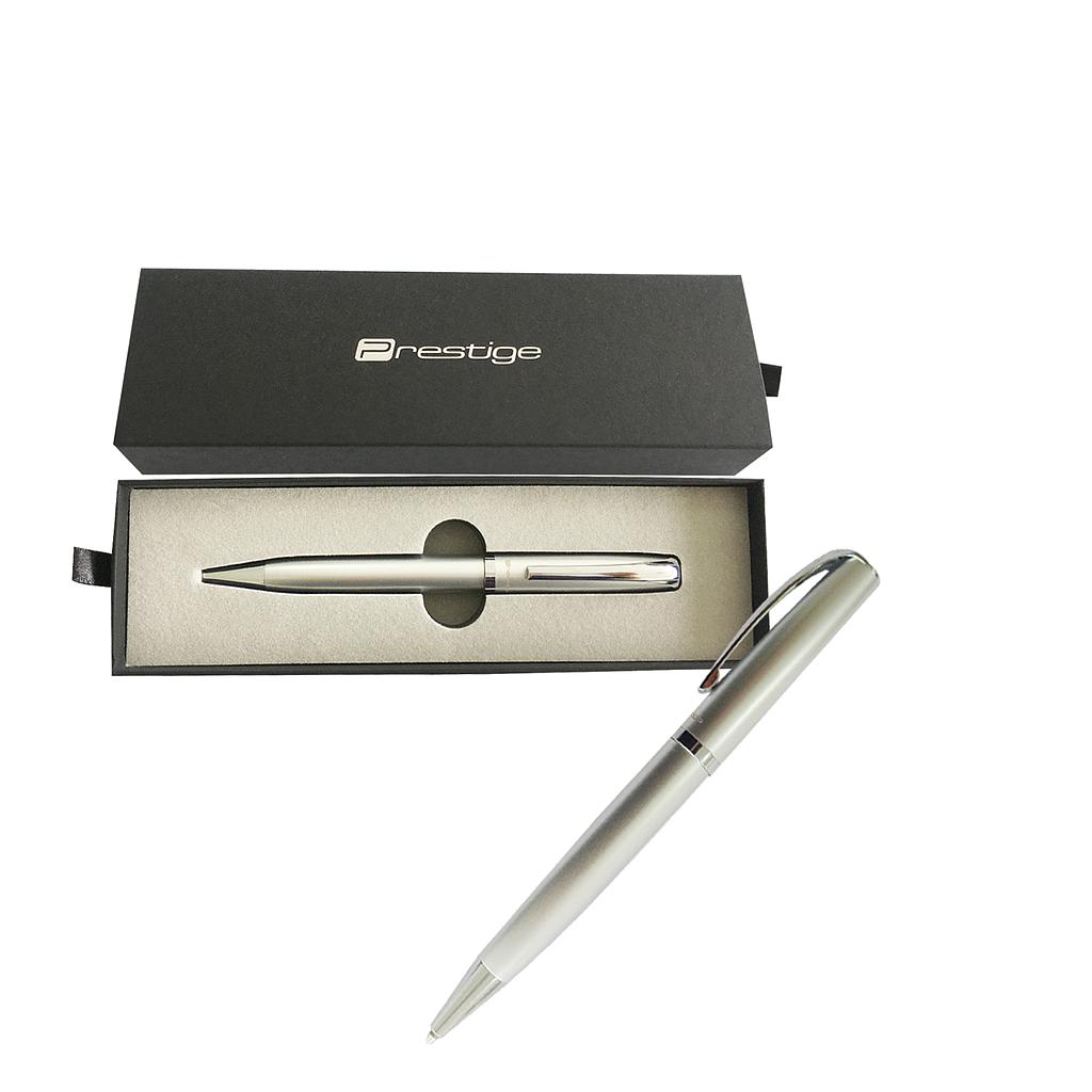 BOLÍGRAFO PRESTIGE, CUERPO PLATEADO, PUNTA C/TAPA EN ESTUCHE