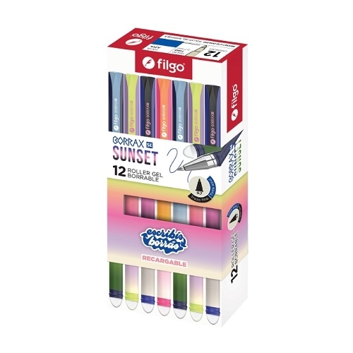 Caja x 12 boligrafo roller gel borrable Filgo borrax sunset