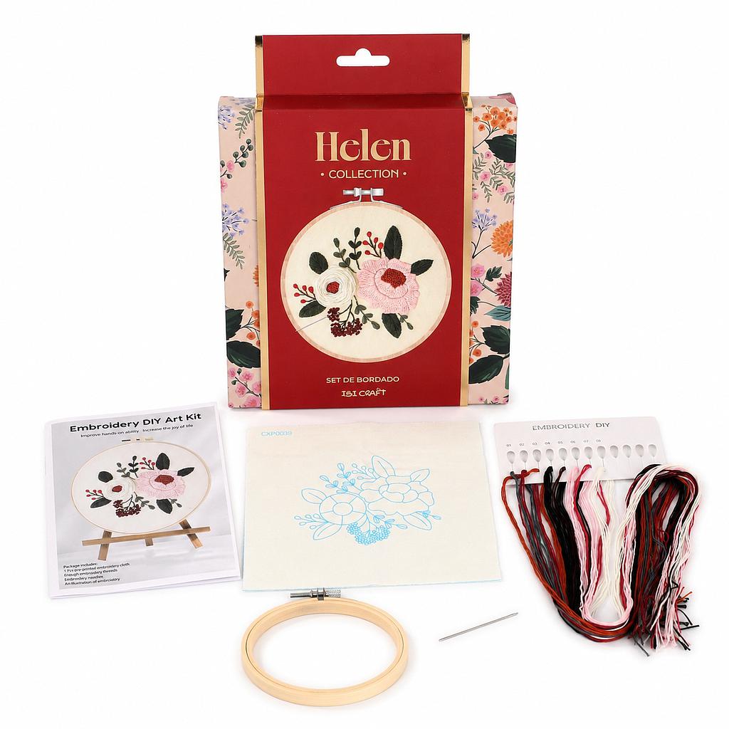 SET DE BORDADO IBI CRAFT, 4 PIEZAS: ARO (15cm), LIENZO, 3 AGUJAS, 6 HILOS, HELEN COLLECTION