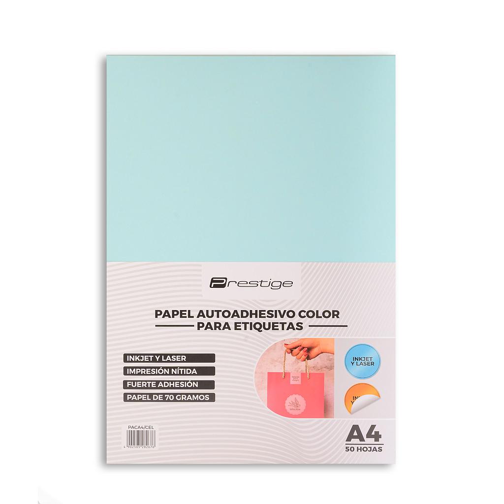PAQUETE CON 50 HOJAS DE PAPEL AUTOADHESIVO COLOR PRESTIGE, A4, 70g, CELESTE