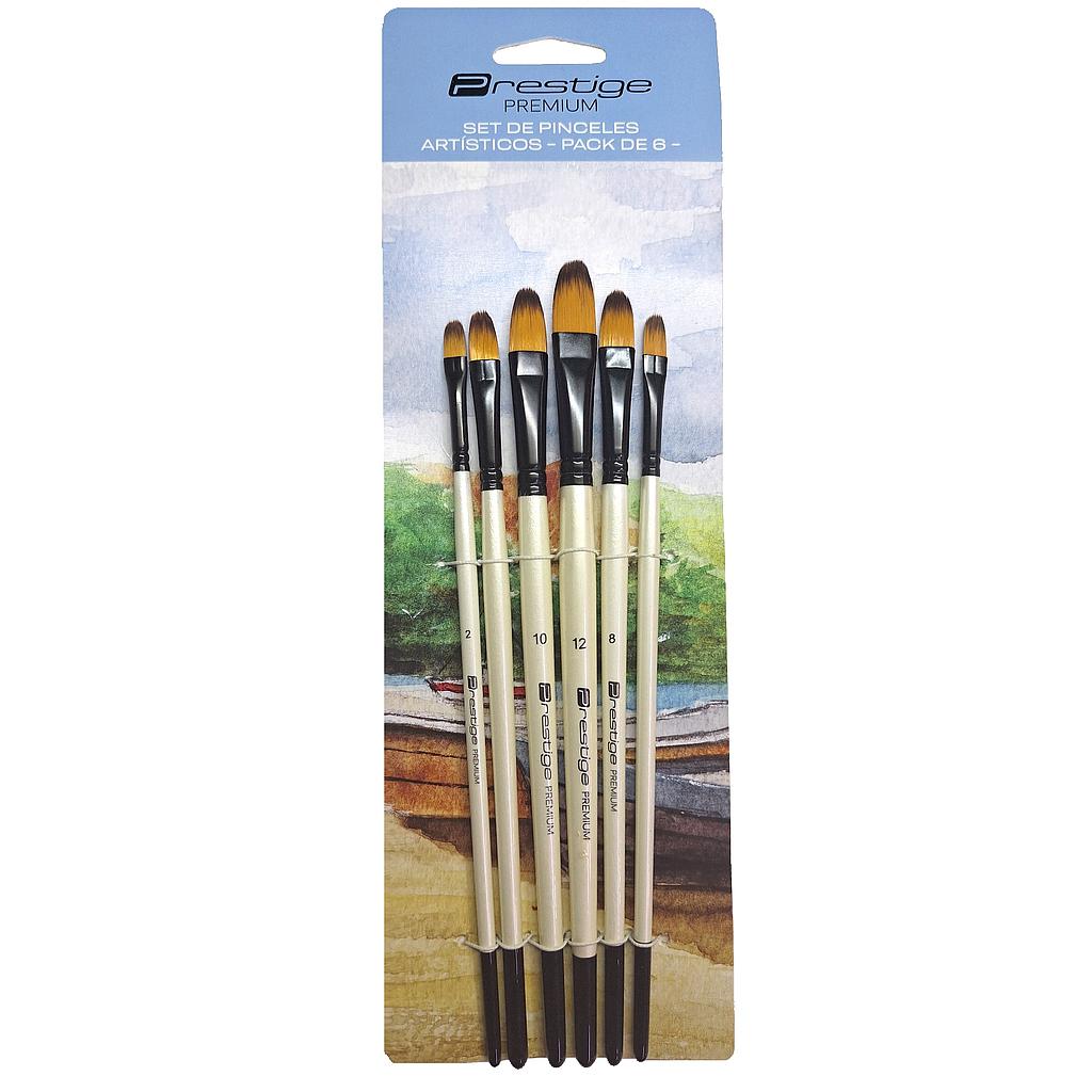 SET DE 6 PINCELES ARTÍSTICOS PRESTIGE "PREMIUM", SINTÉTICOS, CABO CORTO, MULTITÉCNICA,LENGUA DE GATO