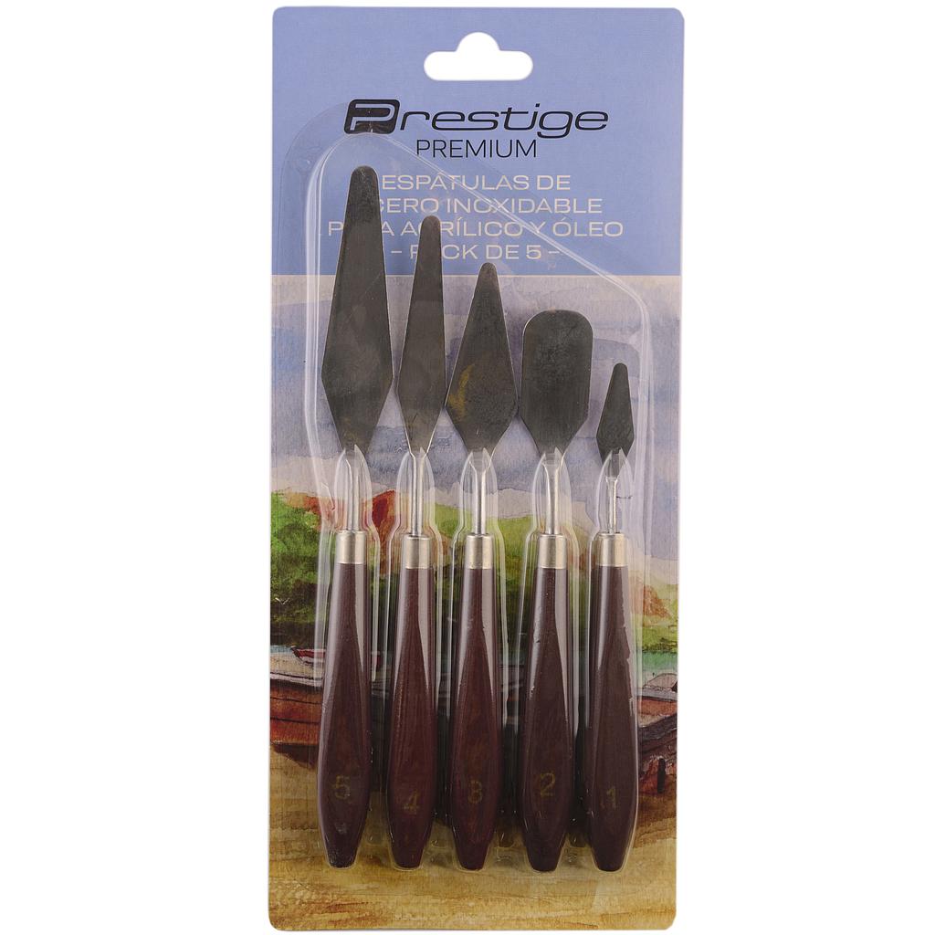 SET DE 5 ESPÁTULAS ARTÍSTICAS PRESTIGE "PREMIUM", MANGO DE MADERA, HOJAS DE ACERO INOXIDABLE