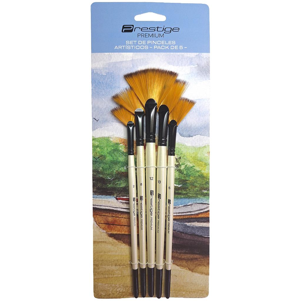 SET DE 5 PINCELES ARTÍSTICOS PRESTIGE "PREMIUM", SINTÉTICOS, CABO CORTO, MULTITÉCNICA, ABANICO