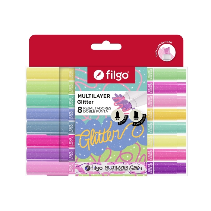 Filgo resaltador creativo doble punta multilayer - estuche 8 glitter