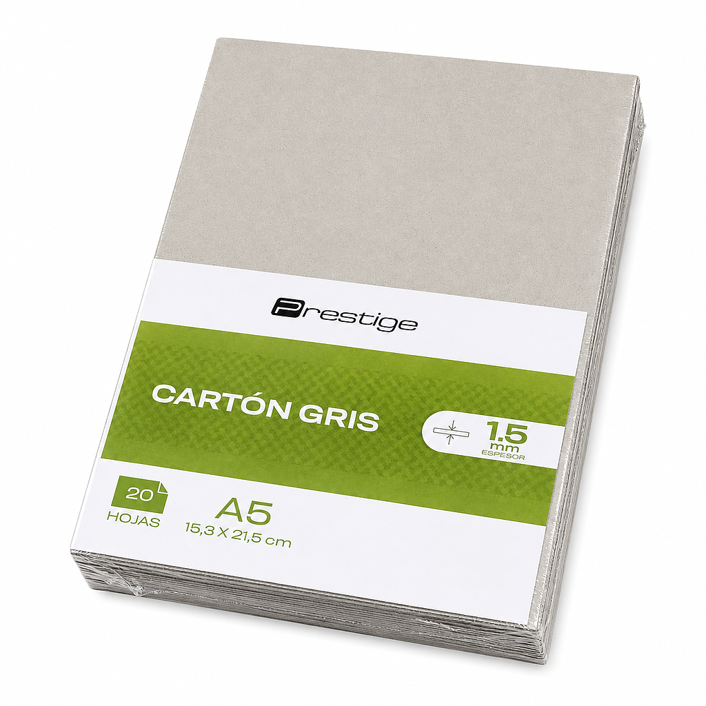 PAQUETE CON 20 HOJAS CARTÓN GRIS PRESTIGE, A5 (15.3x21.5cm), 1.5mm ESPESOR
