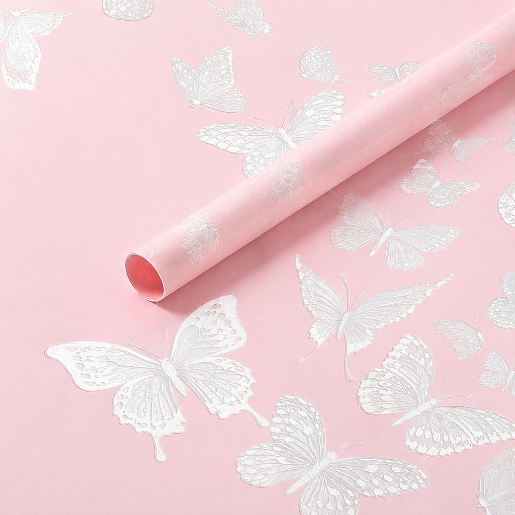 PAQUETE CON 20 PLIEGOS DE PAPEL COREANO IBI CRAFT, 57x57cm, 50µm, ROSADO C/MARIPOSAS