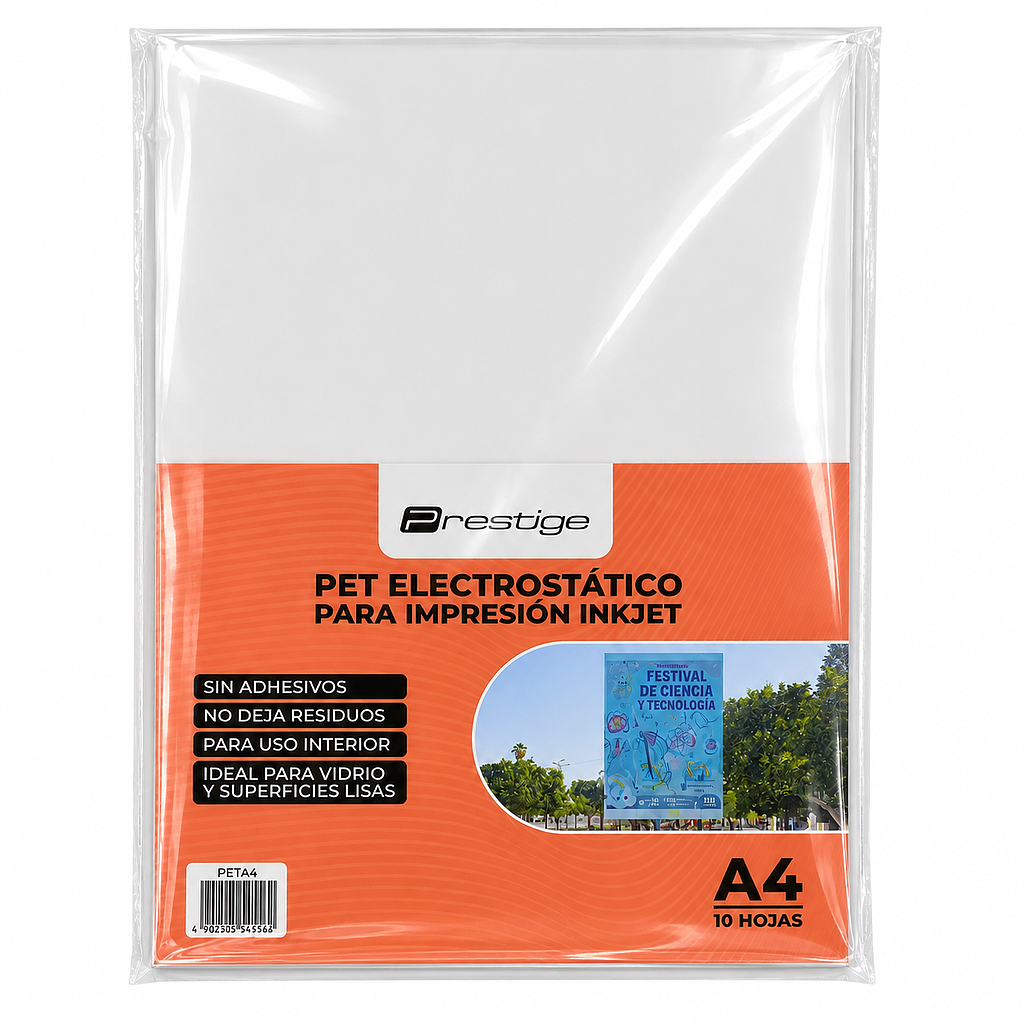 PAQUETE CON 10 HOJAS DE PET FILM ELECTROSTÁTICO TRASLÚCIDO PRESTIGE, A4, PARA INKJET