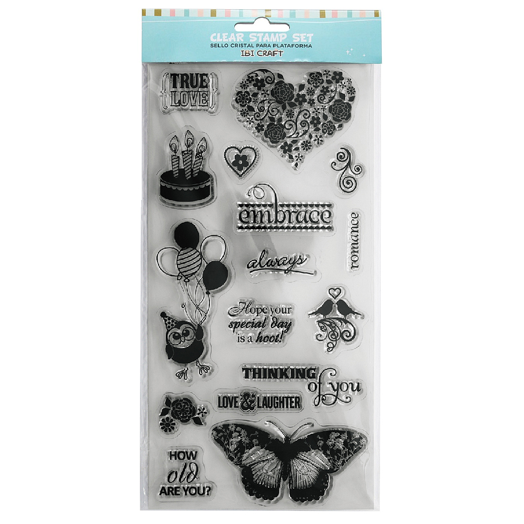 SET DE SELLOS SILICONADOS CRISTAL P/BASE ACRÍLICA IBI CRAFT, 16 PIEZAS SERIE "AMOR"