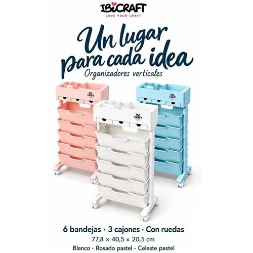 ORGANIZADOR PLÁSTICO VERTICAL IBI CRAFT C/6 BANDEJAS, 3 CAJONES Y RUEDAS, BLANCO