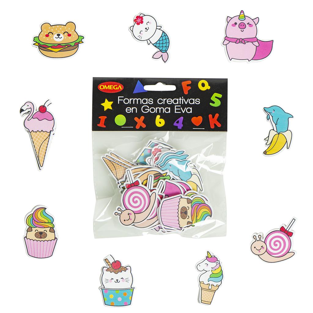 BOLSA C/27 FORMAS DE ANIMALES Y POSTRES AUTOADHESIVOS DE GOMA EVA