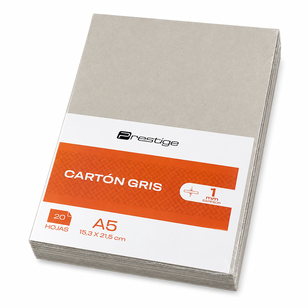 PAQUETE CON 20 HOJAS CARTÓN GRIS PRESTIGE, A5 (15.3×21.5cm), 1.0mm ESPESOR